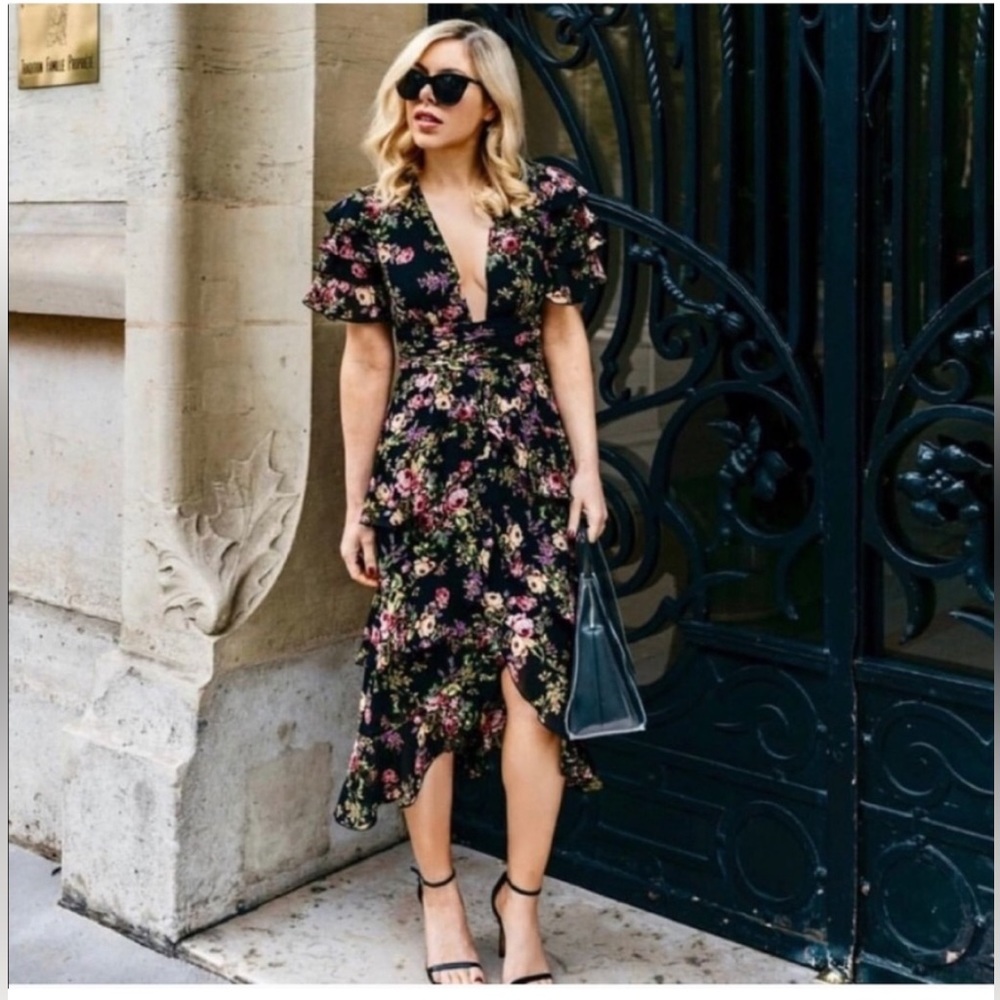 WAYF Miranda Floral Tiered Ruffle Midi Dress Women's S